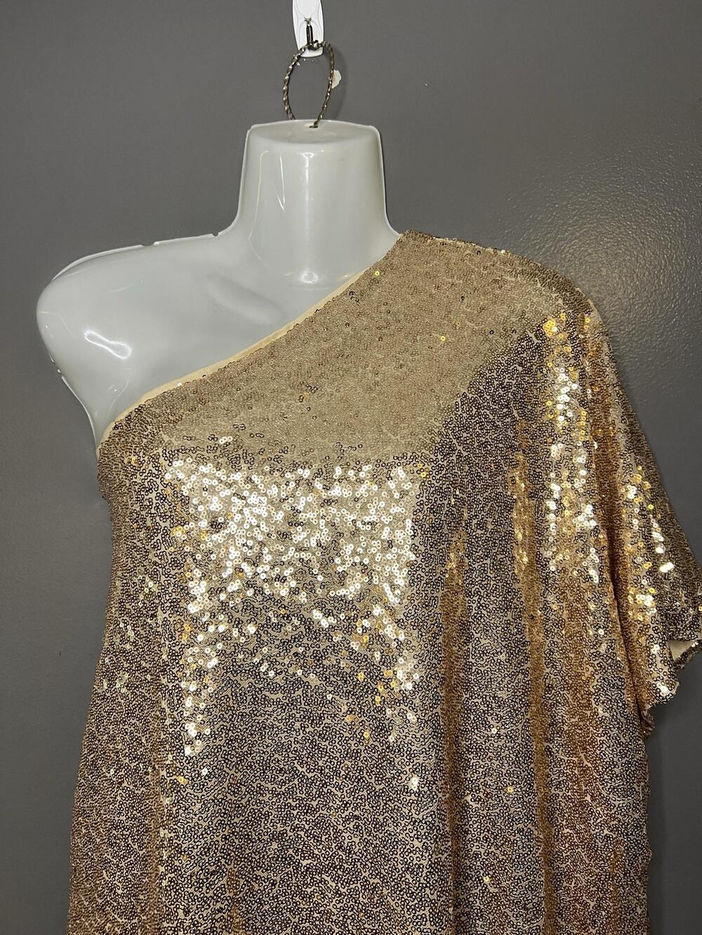 L Love Blouse Womens Medium Gold Sequin One Shoulder Asymmetrical Party Top